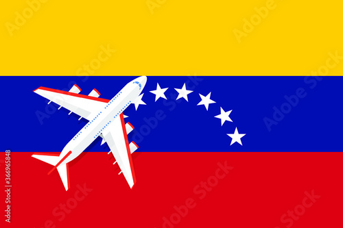 Vector Illustration of a passenger plane flying over the flag of Venezuela. Concept of tourism and travel