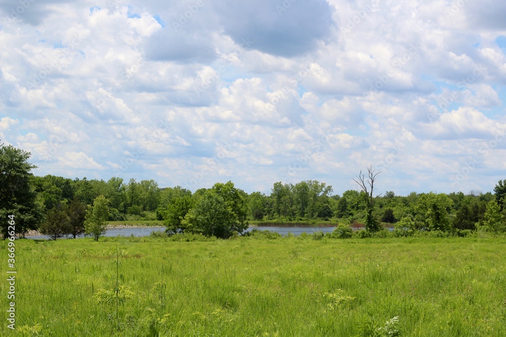 The lake and the white clouds in the sky. The lake and the white clouds in the sky.