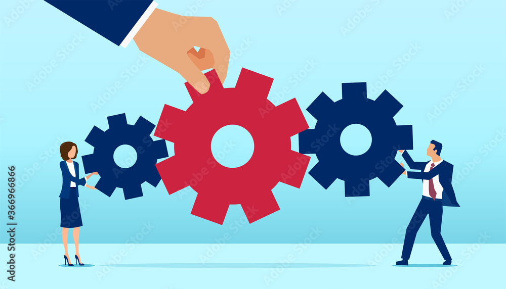 Vector of a big hand connecting businesspeople with gear to collaborate successfully Vector of a big hand connecting businesspeople with gear to collaborate successfully