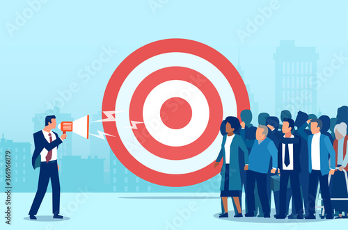 Vector of a business man making an announcement in megaphone to a targeted audience attracting new shoppers and customers