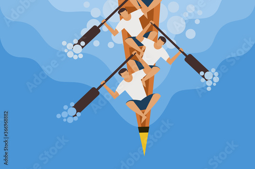 Top view of oarsmen rowing snake boat. Concept for boat racing in Kerala, India.