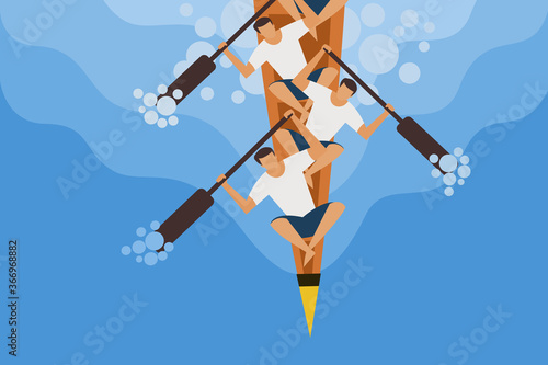 Top view of oarsmen rowing snake boat. Concept  for boat racing in Kerala, India.