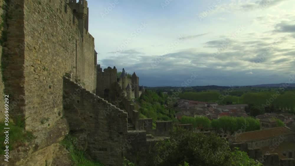 Flight overlooking the medieval European city with an ancient fortress and Carcassonne castle 3 Flight overlooking the medieval European city with an ancient fortress and Carcassonne castle 3