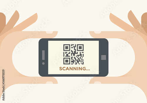 Mobile smartphone scanning QR barcode in human hands. Concepts: Online shopping, product information, website URL address locator, applications, payment, consumerism, advertising, virtual stores