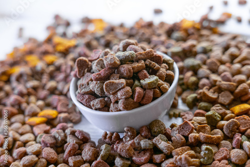 Dry pet food in a white ceramic bowl