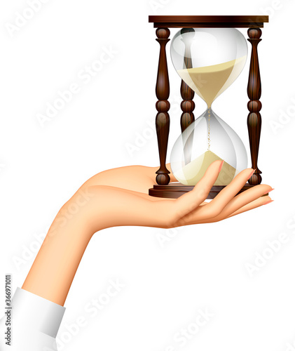Female hand holding a retro hourglass on the palm isolated on white