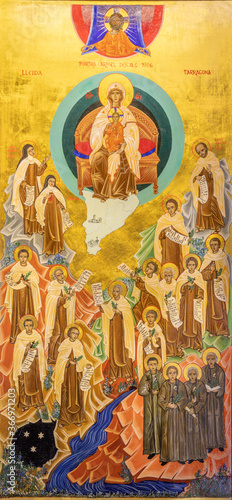 Tableau sur toile BARCELONA, SPAIN - MARCH 3, 2020: The  icon of Madonna among the carmelites saints in the chruch Santuari de la Mare de Deu del Carme (carmelites)