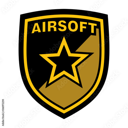 star button badge, air soft label or crest, black and yellow color, vector illustration 