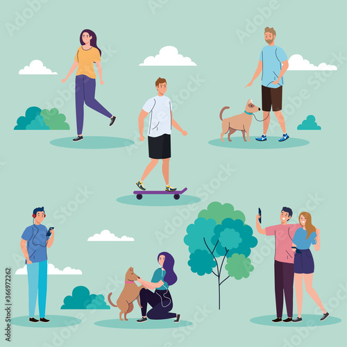 people in the park performing leisure outdoor activities vector illustration design