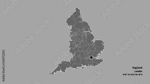 North Yorkshire, administrative county of England, with its capital, localized, outlined and zoomed with informative overlays on a bilevel map in the Stereographic projection. Animation 3D photo