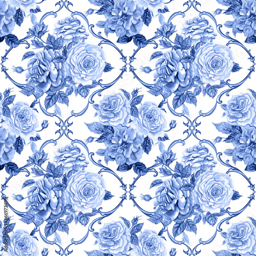 Seamless pattern of bouquets of roses and baroque pattern in blue tones, watercolor illustration, print for fabric, wallpaper and other designs.