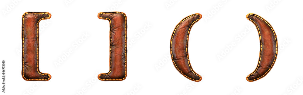 Set of symbols left, right bracket and left, right perentheses made of leather. 3D render font with skin texture isolated on white background.