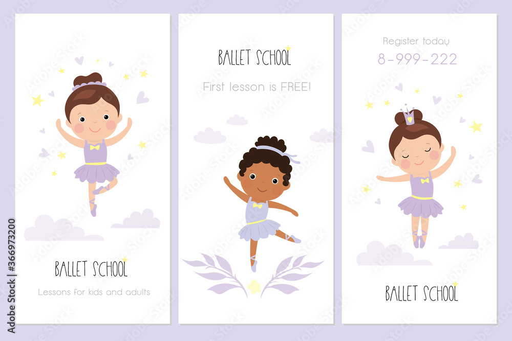 Cards or banner ballet school template. Dance studio flyer. Cartoon Little baby ballet dancer. Cards or banner ballet school template. Dance studio flyer. Cartoon Little baby ballet dancer.