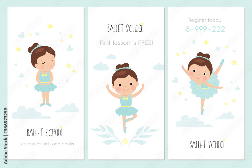 Cards or banner ballet school template. Dance studio flyer. Little baby ballet dancer. Cute girl preschooler. Cards or banner ballet school template. Dance studio flyer. Little baby ballet dancer. Cute girl preschooler.