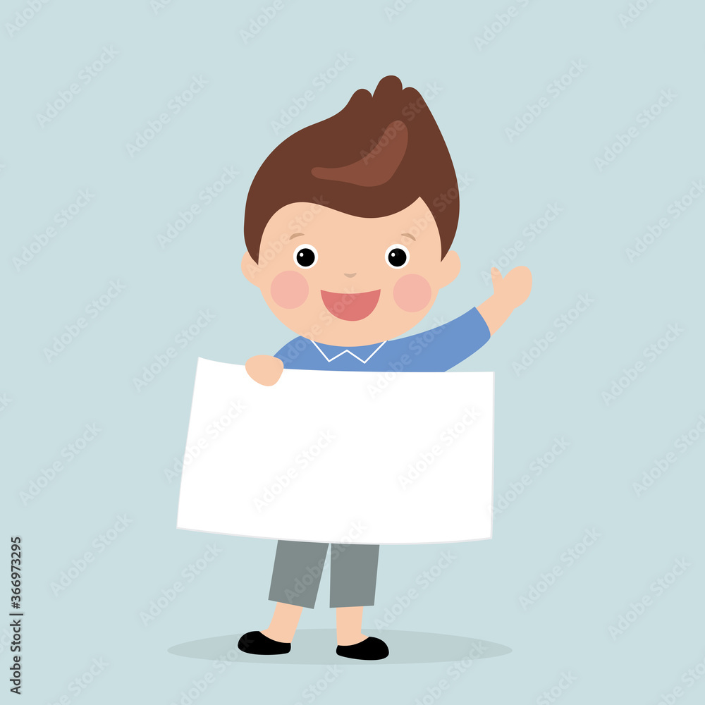 Cute cartoon schoolboy holding blank banner template. Caucasian kid boy with empty white paper sheet.