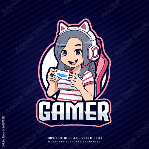 Gamer girl esport logo mascot template with editable text