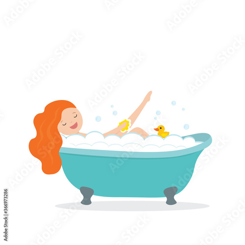 Young woman taking bubble bath. Female character washes in bathroom.