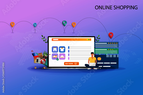 Concept of online shopping, young man is sitting in front of credit card and laptop that display contain list of products, customer rating and reviews to order a new shoe in pastel color background.
