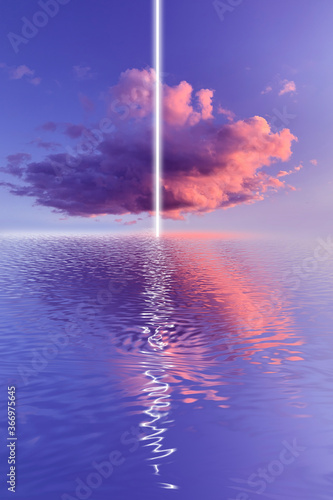 Neon landscape, futuristic landscape, rays, light figures against the sunset. Cloud in the sky. 3D illustration