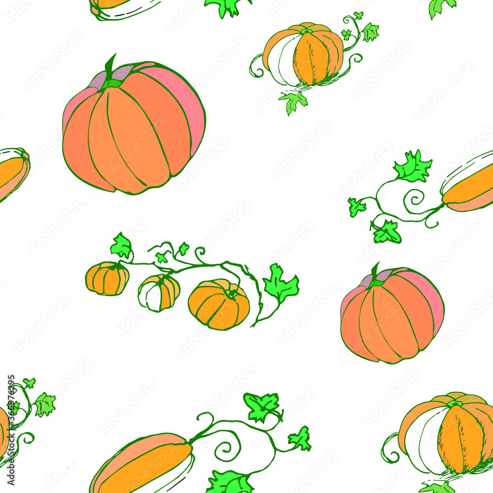 Seamless pattern with pumpkins on halloween theme. Kitchen and textile pattern. Autumn festival pattern