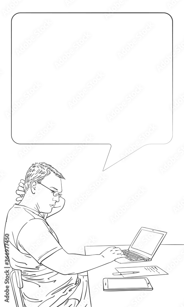 Man using laptop at home while sitting behind desk, looking on notes, thinking with speech bubble. Concept of people work mobile devices. Vector sketch, Hand drawn illustration. Man using laptop at home while sitting behind desk, looking on notes, thinking with speech bubble. Concept of people work mobile devices. Vector sketch, Hand drawn illustration.