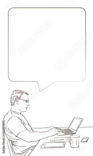 Man using laptop at home while sitting behind desk, typing on notebook keyboard, thinking with speech bubble. Concept of people work mobile devices. Vector sketch, Hand drawn illustration