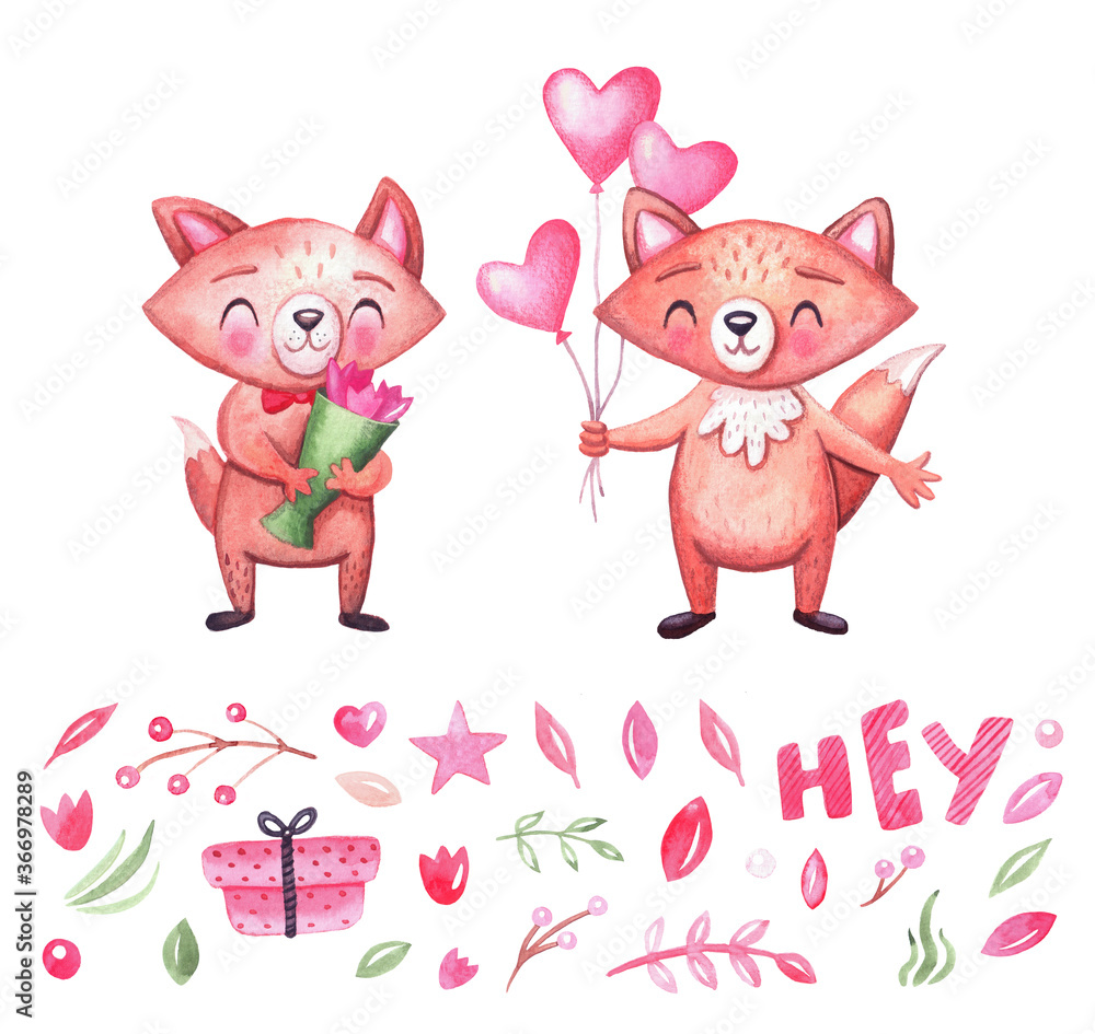 Naklejka premium Set of cute animals. Foxes with balloons, gifts and stars painted with watercolor.