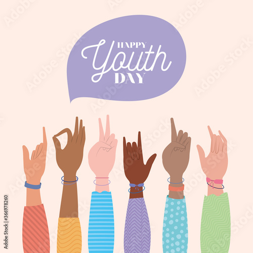 signs with hands of happy youth day design, Young holiday and friendship theme Vector illustration