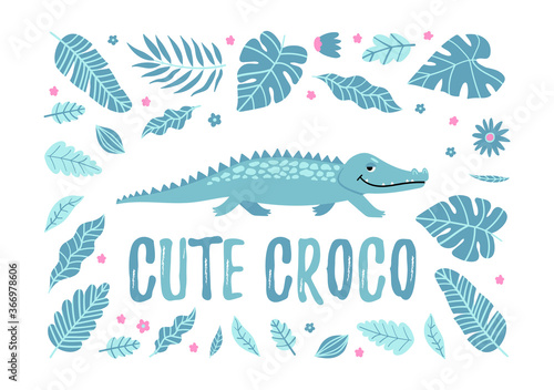 Seamless kid print and illustration with crocodile and leaves. Cute pajama design.