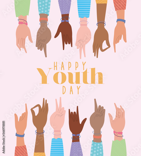 signs with hands of happy youth day design, Young holiday and friendship theme Vector illustration