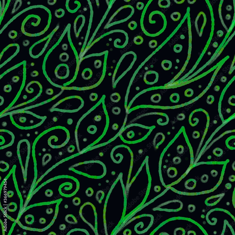 Hand-drawn abstract floral seamless pattern. green outline texture on dark black background consists of leaves, circles, dots, swirls and drops. Wrapping paper, scrapbooking, textile Hand-drawn abstract floral seamless pattern. green outline texture on dark black background consists of leaves, circles, dots, swirls and drops. Wrapping paper, scrapbooking, textile