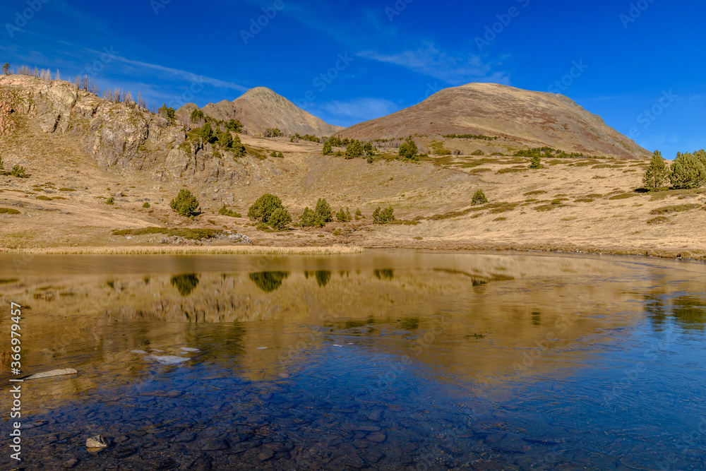 Reflections at the lake in the mountains and blue sky