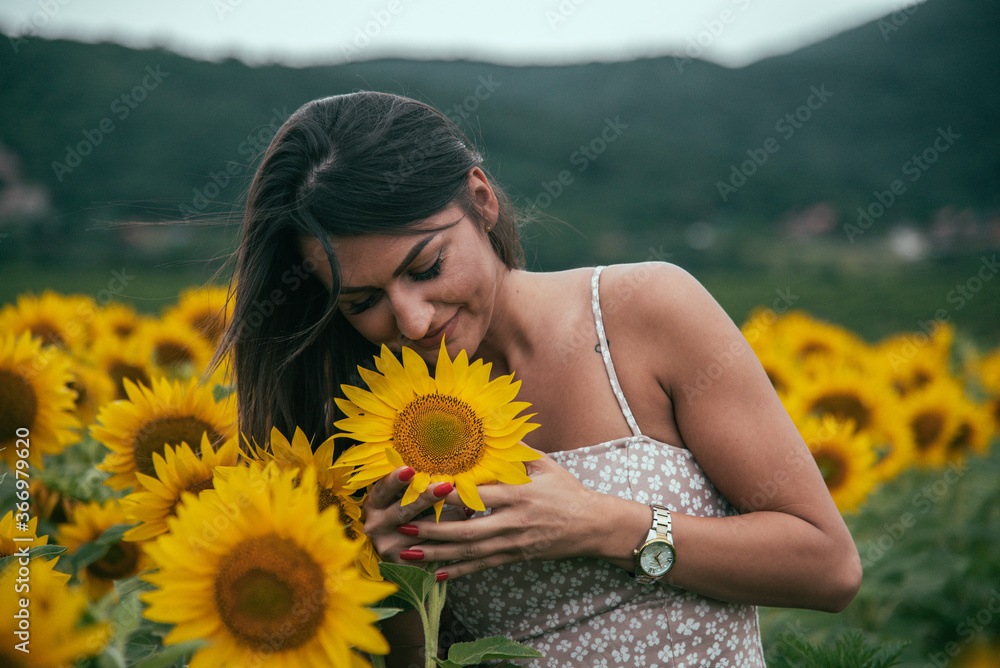 a young beautiful smiling girl posing in a field of sunflowers
a young beautiful smiling girl posing in a field of sunflowers