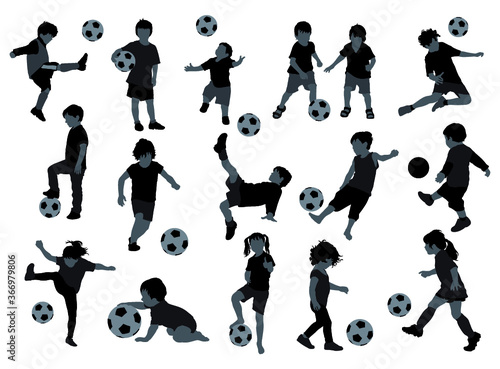 Children kids playing football soccer vector silhouettes set ball.
