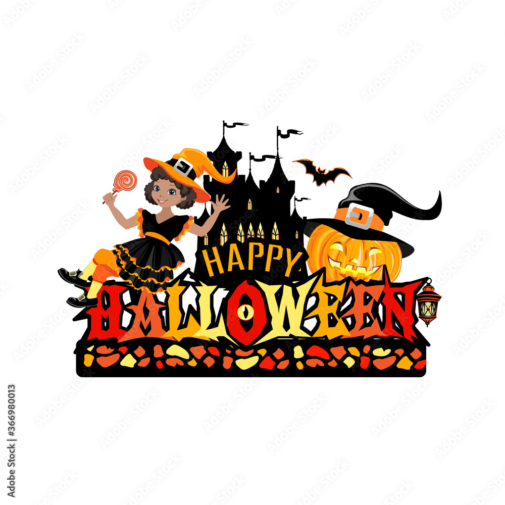 Happy Halloween label and happy kids dressed in Halloween costumes. Fun, pumpkins and sweets. Vector template for poster, banner or invitation card.