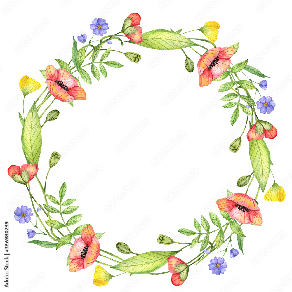 Bright summer wreath frame for wedding invitation, postcard, menu. Watercolor flowers, peonies and wildflowers Bright summer wreath frame for wedding invitation, postcard, menu. Watercolor flowers, peonies and wildflowers
