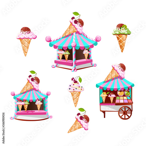 A set of ice cream stall with tasty decor and miscellaneous ice cream. Isolated illustrations in cartoon style. Templates for decorating invitations and advertising. Vector illustration.