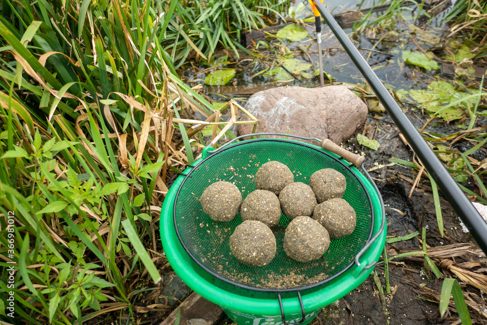 Groundbait balls ready for baiting fish. Fishing groundbait. Kule