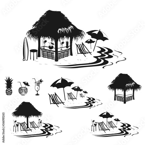 Set of beach bar silhouettes with cocktails by the sea. Summer vacation on the beach. Templates for invitations and advertising. Vector illustration.