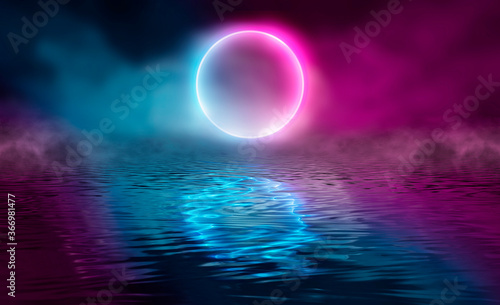 Dramatic dark background. Reflection of light on the water. Smoke fog. Light neon effect, energy waves on a dark abstract background. Laser neon show. Smoke, fog. 3d illustration