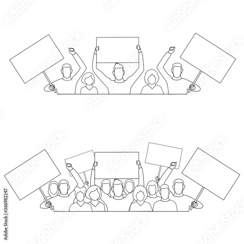 Protesters are drawn with a line with blank banners in their hands. Men and women of different nationalities take part in a revolution, political protest or peaceful demonstration. Vector line drawing
