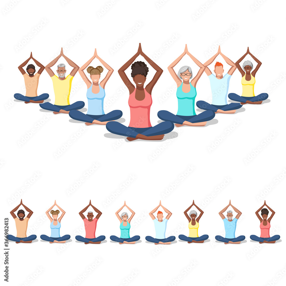 Active men and women of different nationalities and ages practice yoga. Healthy lifestyle. Isolated vector illustration of sports people on a white background. Active men and women of different nationalities and ages practice yoga. Healthy lifestyle. Isolated vector illustration of sports people on a white background.
