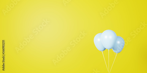 3d rendering Beautiful background with three sky blue balloons. of pastel party balloons on yellow background. Concept of happiness, joy, birthday. Space for text