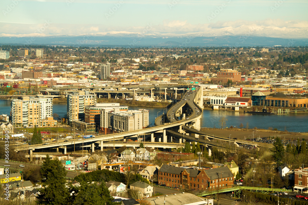 Portland, Oregon;  The Marquam bridge carrying Interstate I5 traffic in downtown, Portland