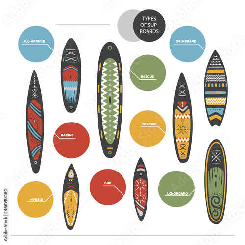 Types of Stand Up Paddle SUP boarding elements. Vector illustration set of different boards types like gun, hybrid, all-round, skimboard, longboard, touring, racing and rescue.