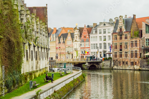 Ghent, Belgium; Houses and apartments line a canal in Ghent