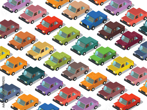 Set of urban public and freight transport cars isometric view front, back
