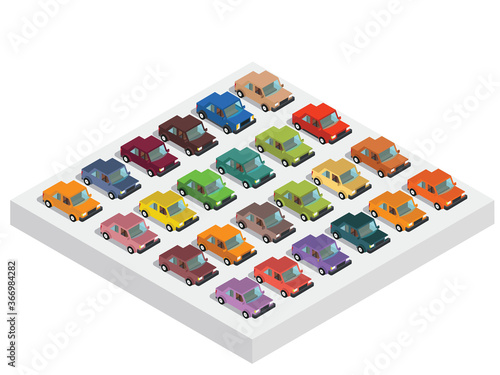 Set of urban public and freight transport cars isometric view front, back
