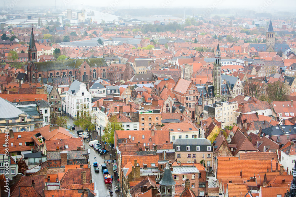 Bruges, Belgium;  A high angle view of the crowded buildings in the city of Bruges.