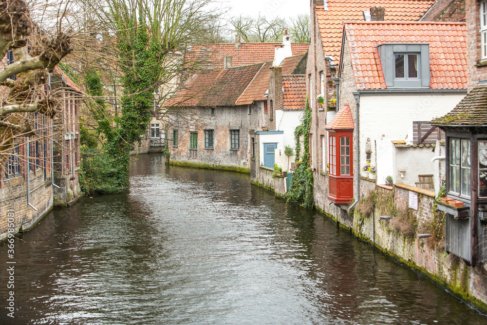 A view looking down one of the many canals in Bruges, Belgium.